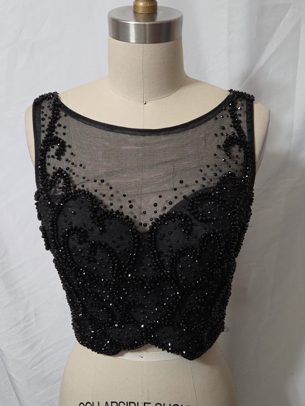 Black Beaded Mesh Corsett Style Crop Top w/Delicate Beading, Size 0, Like New